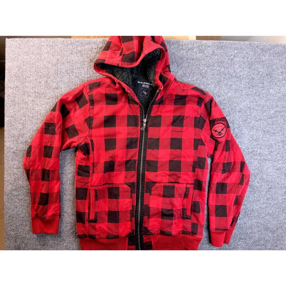 Quiksilver Mens Large Red Black Buffalo Plaid Sherpa Lined Zip Up Hoodie Y2K L
